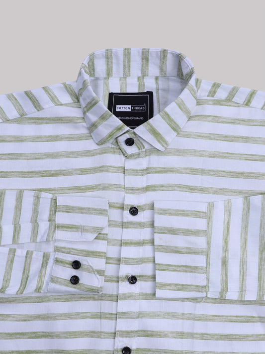 Men's Premium Formal Full Sleeve Green Striped Shirt By Cotton Thread (STR-011)