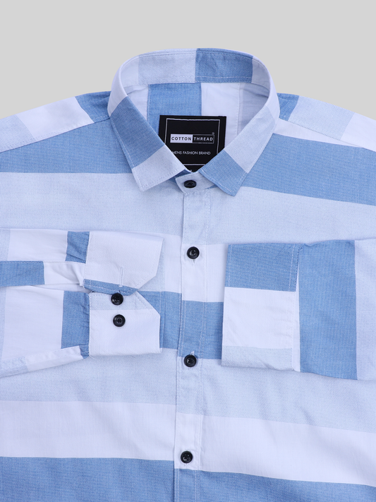 Men's Premium Formal Full Sleeve Light Blue Striped Shirt By Cotton Thread (STR-014)
