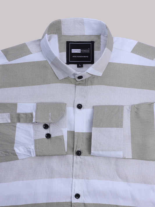 Men's Premium Formal Full Sleeve Grey White Striped Shirt By Cotton Thread (STR-019)