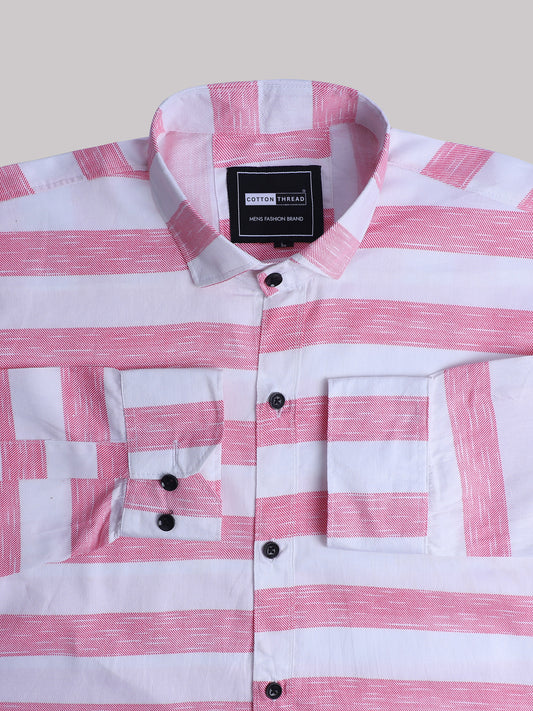 Men's Premium Formal Full Sleeve Pink Striped Shirt By Cotton Thread (STR-029)