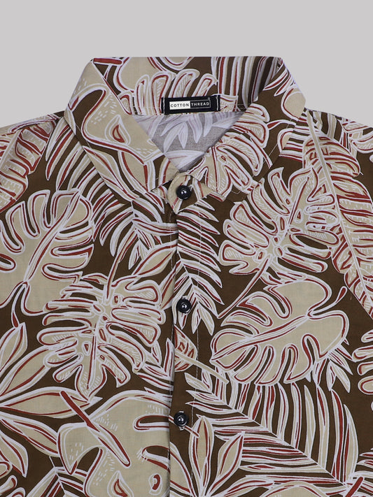 Men's Premium Cotton Half Sleeve Beige Leafy Printed Shirt By Cotton Thread (PRT-075)