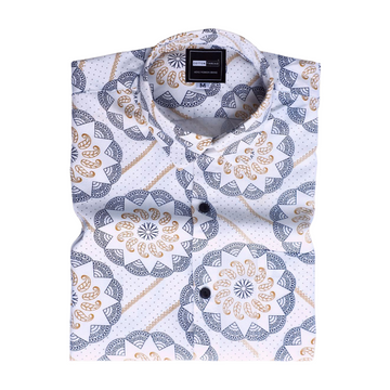 Men's Premium Cotton Full Sleeve Blue Cream Mandala Printed Shirt By Cotton Thread (PRT-036)