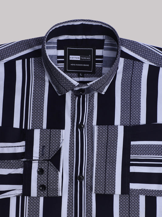 Men's Premium Formal Full Sleeve Blue Striped Shirt By Cotton Thread (STR-003)