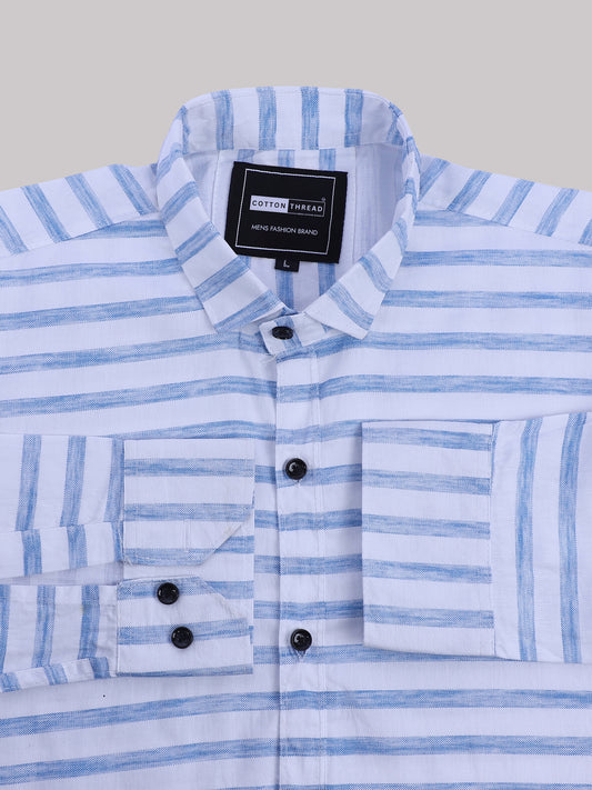 Men's Premium Formal Full Sleeve Blue Striped Shirt By Cotton Thread (STR-007)
