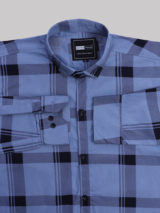 Men's Premium Formal Full Sleeve Blue Checked Shirt By Cotton Thread (CHK-015)