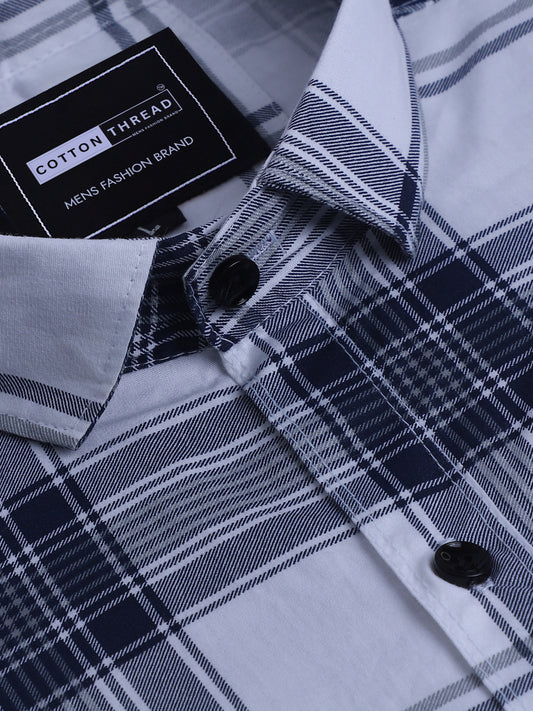 Men's Premium Formal Full Sleeve Blue Checked Shirt By Cotton Thread (CHK-030)