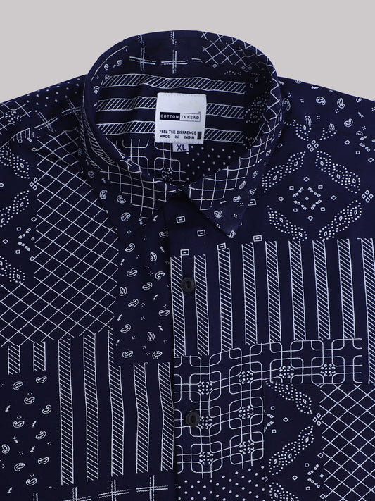 Men's Premium Cotton Half Sleeve Navy Blue Bandana Printed Shirt By Cotton Thread (PRT-041)