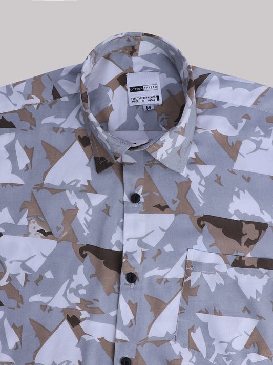 Men's Premium Cotton Full Sleeve Blue Brown Geometric Printed Shirt By Cotton Thread (PRT-052)
