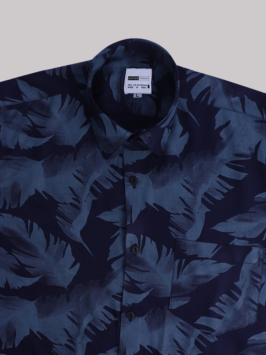 Men's Premium Cotton Full Sleeve Blue & Black Leaf Printed Shirt By Cotton Thread (PRT-057)
