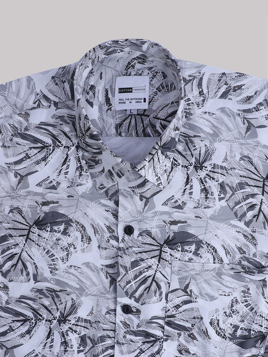 Men's Premium Cotton Full Sleeve Black White Leafy Printed Shirt By Cotton Thread (PRT-059)