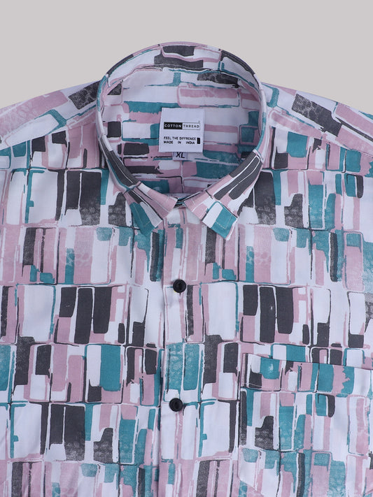 Men's Premium Cotton Half Sleeve Pink Blue Box Printed Shirt By Cotton Thread (PRT-061)
