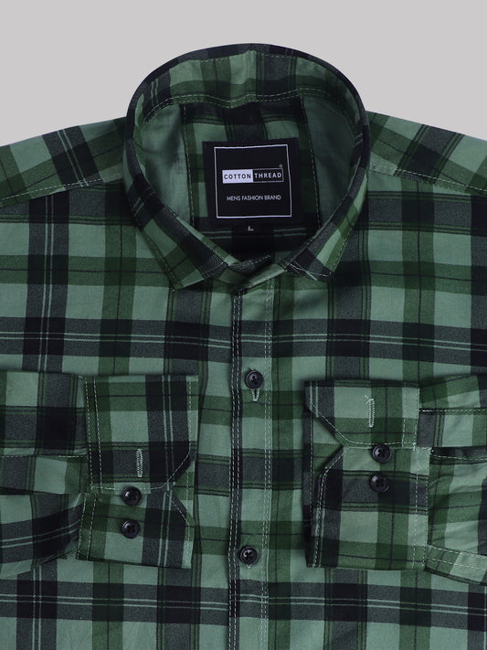 Men's Premium Formal Full Sleeve Green Checked Shirt By Cotton Thread (CHK-065)