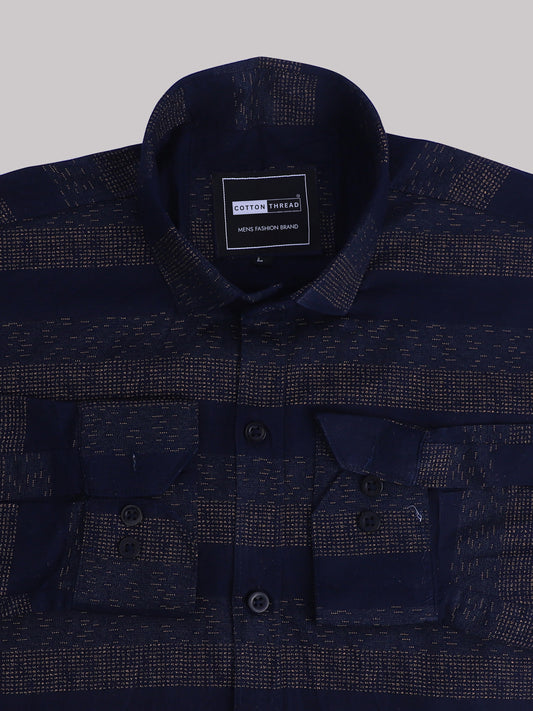 Men's Premium Formal Full Sleeve Blue Striped Shirt By Cotton Thread (CHK-067)