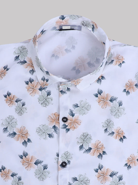 Men's Premium Cotton Half Sleeve White Floral Printed By Cotton Thread (PRT-070)