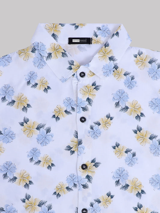 Men's Premium Cotton Half Sleeve White Yellow Floral Printed Shirt By Cotton Thread (PRT-073)