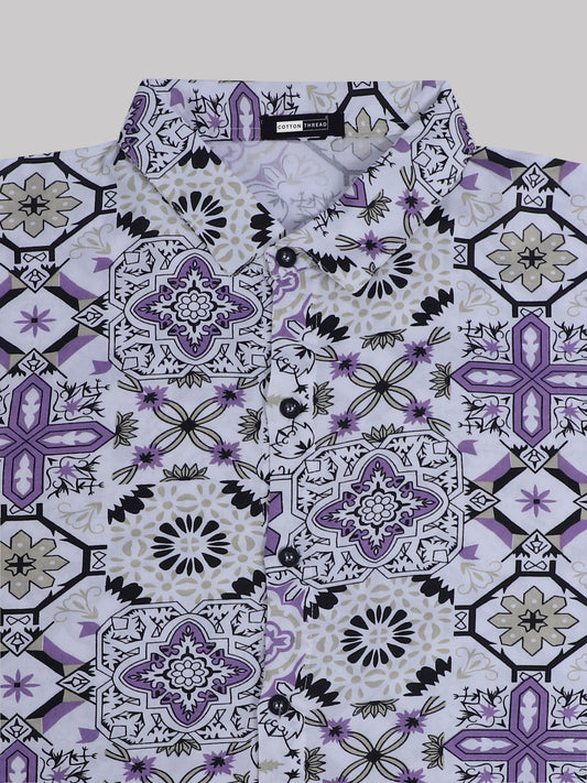 Men's Premium Cotton Half Sleeve White & Violet Roman tile print By Cotton Thread (PRT-074)