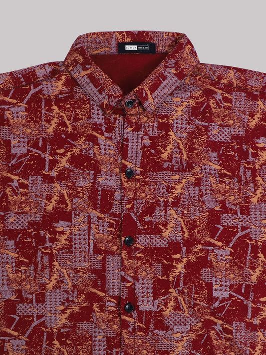 Men's Premium Cotton Half Sleeve Red Orange Printed Shirt By Cotton Thread (PRT-083)