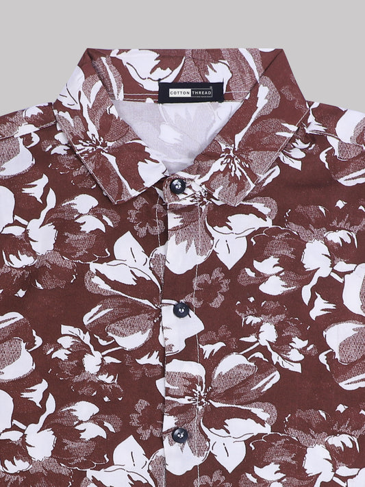 Men's Premium Cotton Half Sleeve Brick Red Floral Printed Shirt By Cotton Thread (PRT-088)