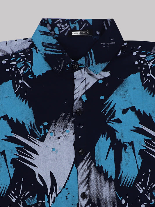 Men's Premium Cotton Half Sleeve Black Blue Leafy Printed Shirt By Cotton Thread (PRT-090)