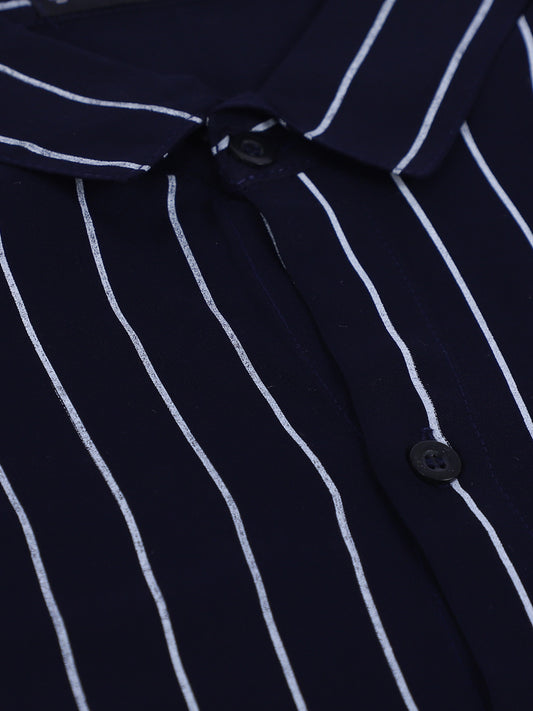 Men's Premium Formal Half Sleeve Blue Striped Shirt By Cotton Thread (STR-093)