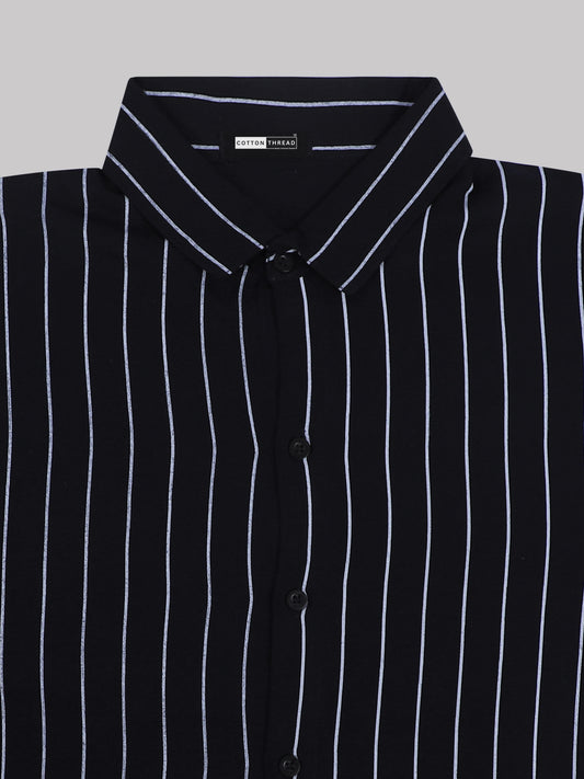 Men's Premium Formal Half Sleeve Black Striped Shirt By Cotton Thread (STR-096)