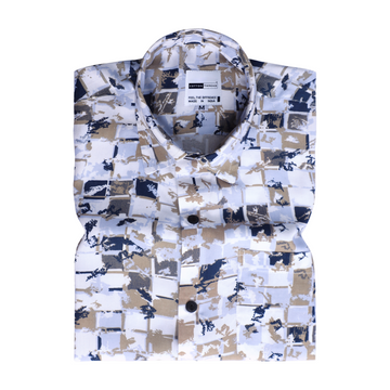 Men's Premium Cotton Full Sleeve White Cream Geometric Printed Shirt By Cotton Thread (PRT-043)