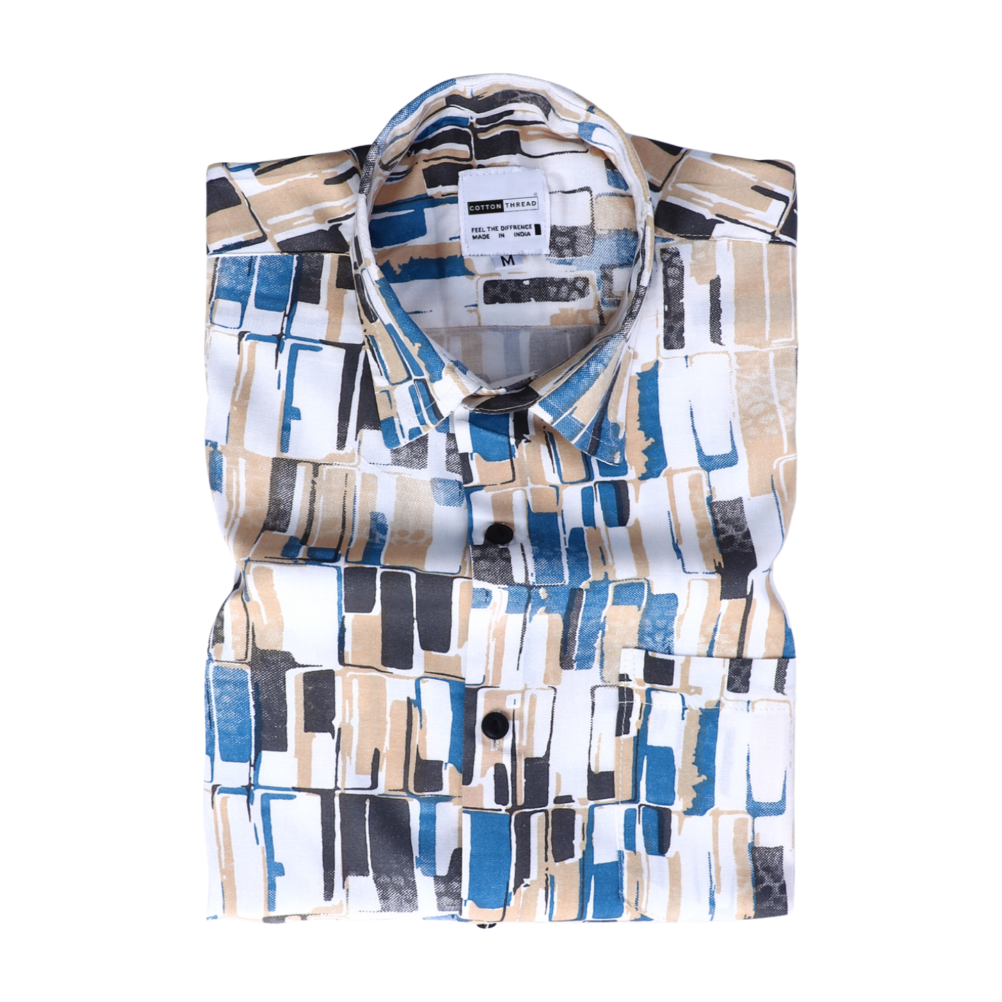 Men's Premium Cotton Full Sleeve Blue Cream Box Printed Shirt By Cotton Thread (PRT-053)