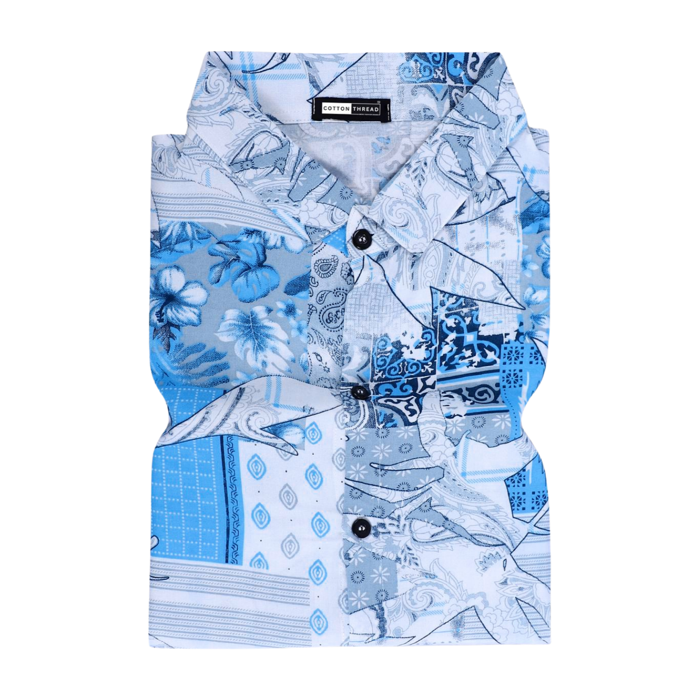 Men's Premium Cotton Half Sleeve Light blue White Bandana Printed Shirt By Cotton Thread (PRT-094)